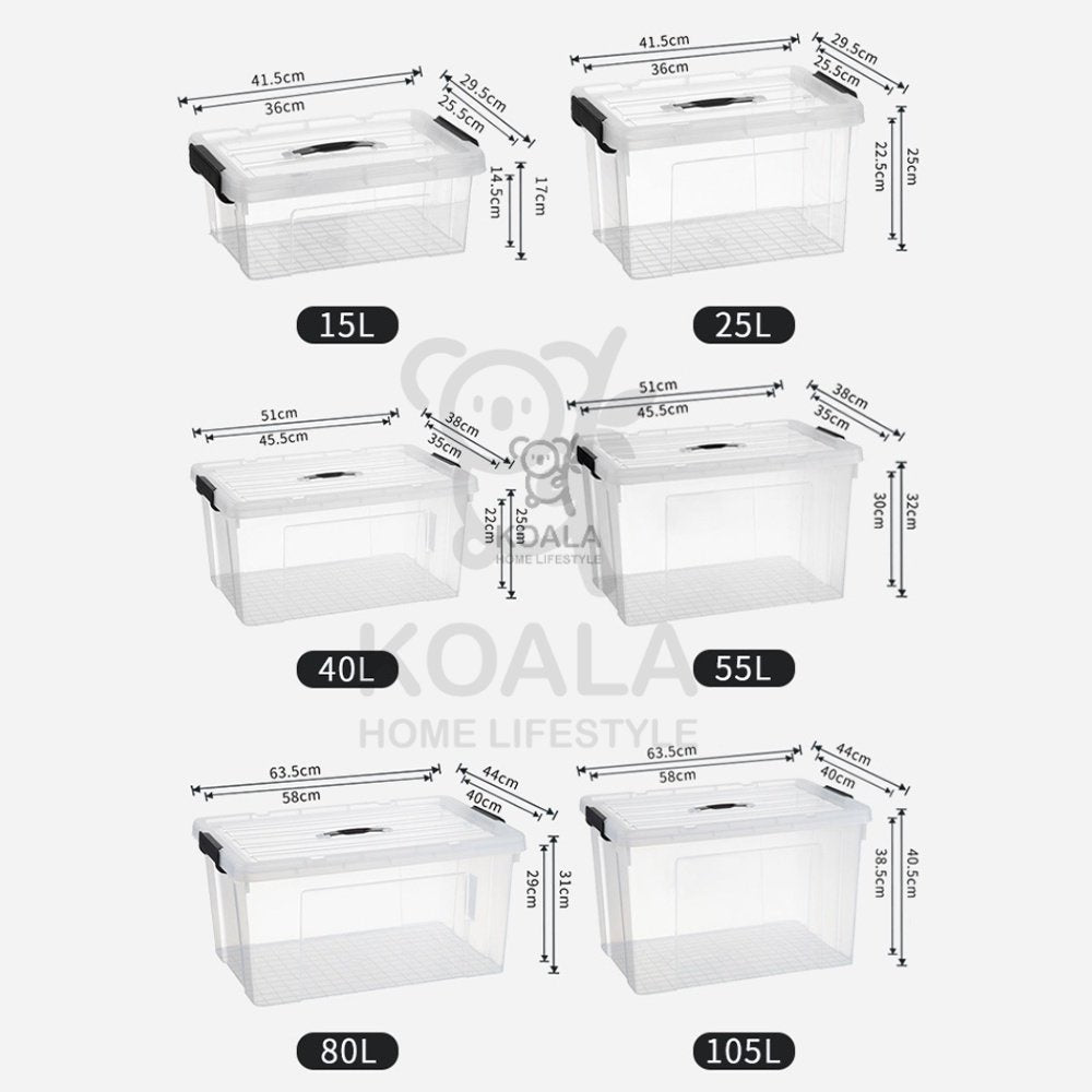 Koala Home Transparent Storage Box Organizer Stackable Container Waterproof 15L/40L/55L/80L/105L