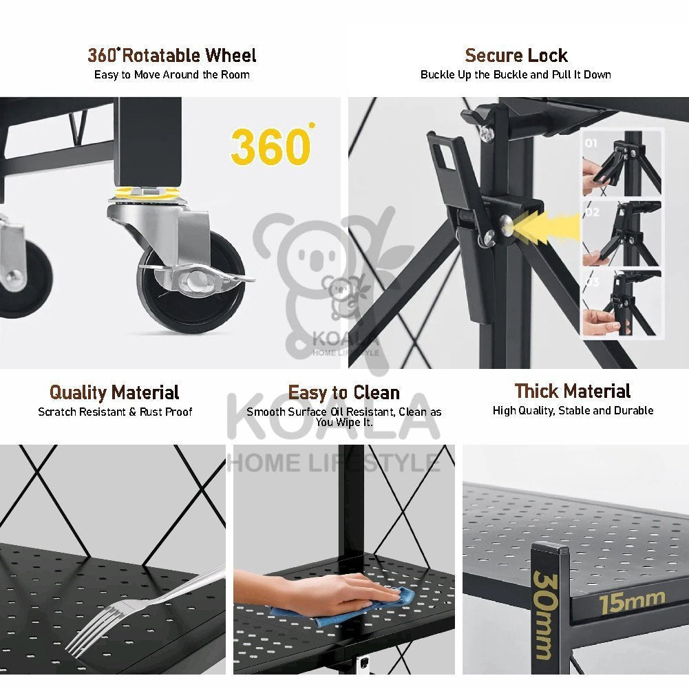 Koala Home Folding Kitchen Storage Rack/Shelf Installation-Free with Wheels/Foldable Kitchen Storage Rack/Shelf