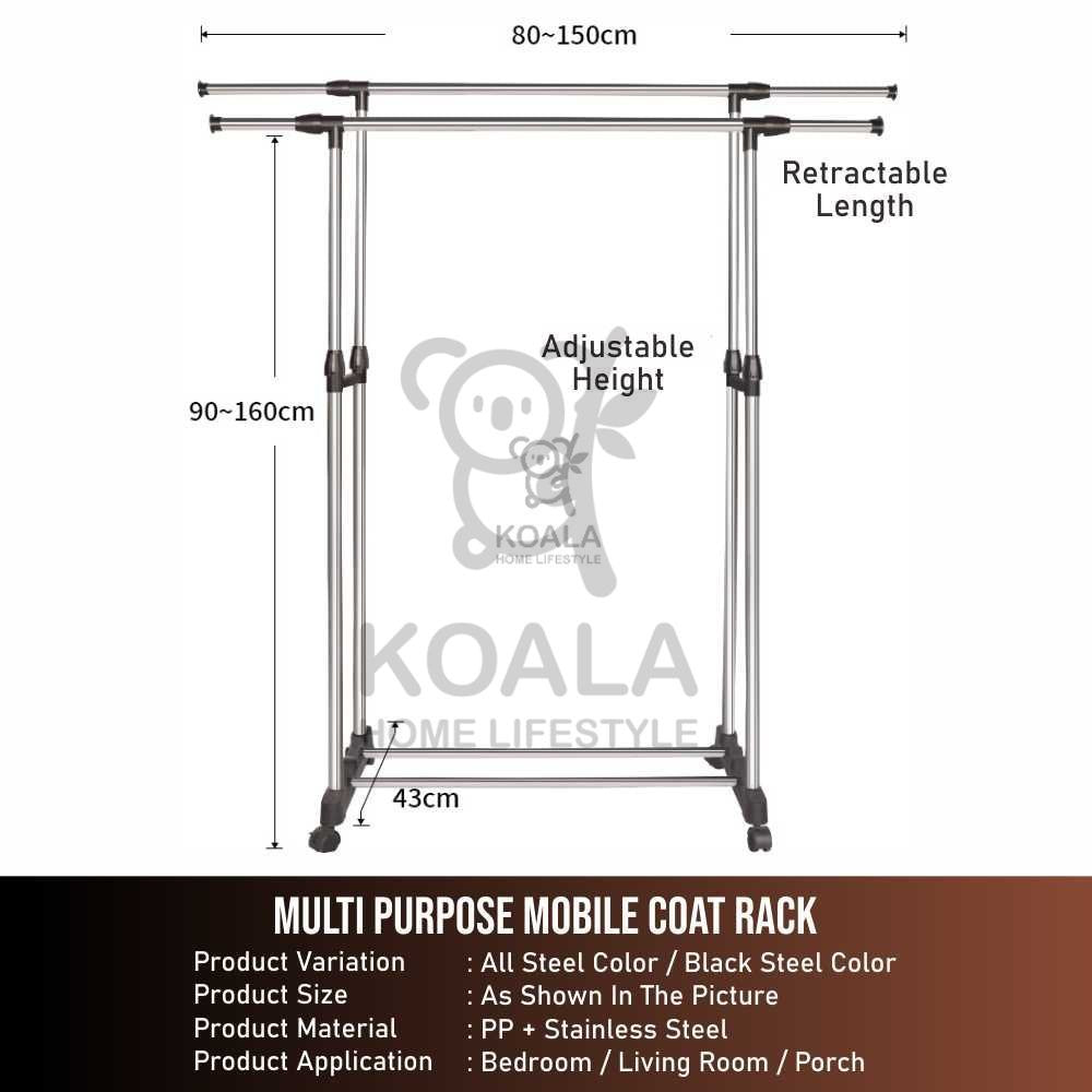 Koala Home Coat Rack Adjustable  Pole  Clothes Rack Stand Coat Hanger Clothes Drying Rack With Wheels