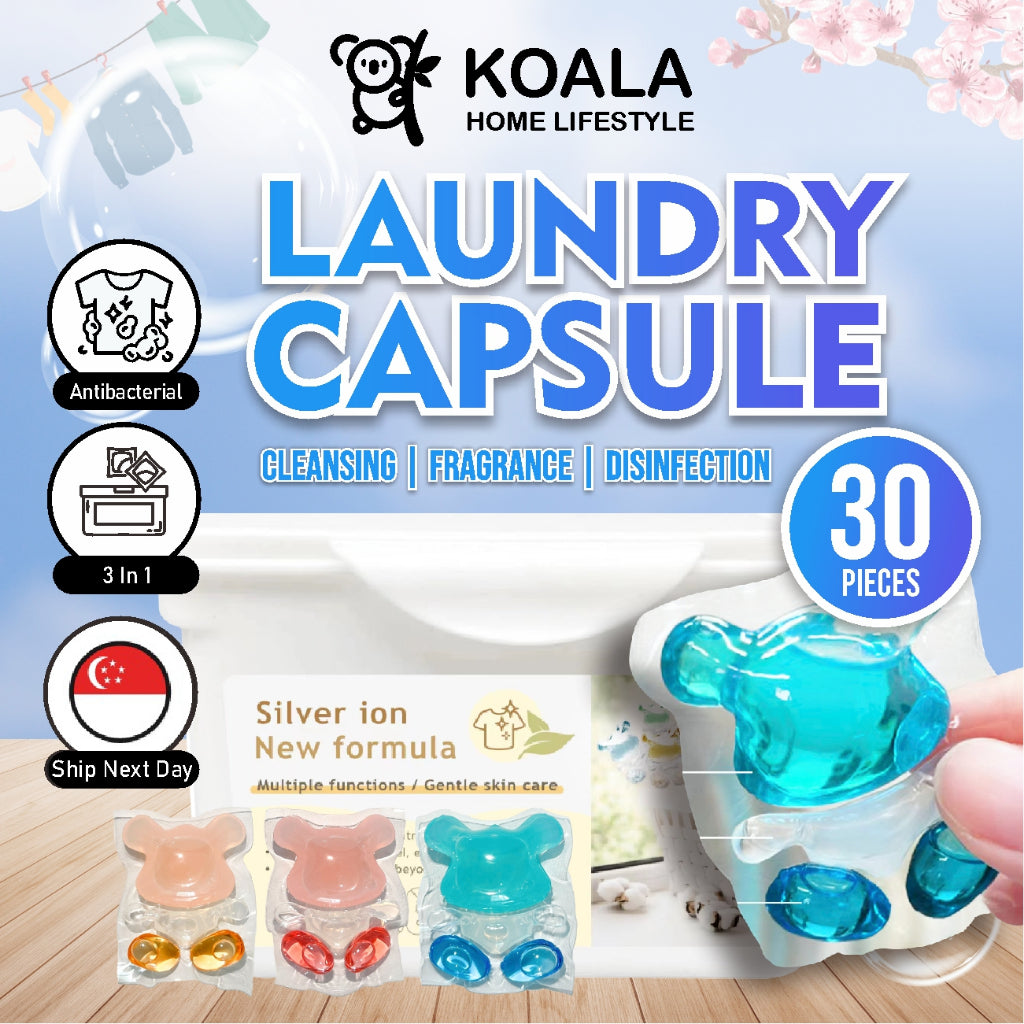 Koala Home Laundry Capsules 3 in 1 Detergent Capsules Fragrance Beads Bacteria Mite Removal 8x Cleaning 30 Pods